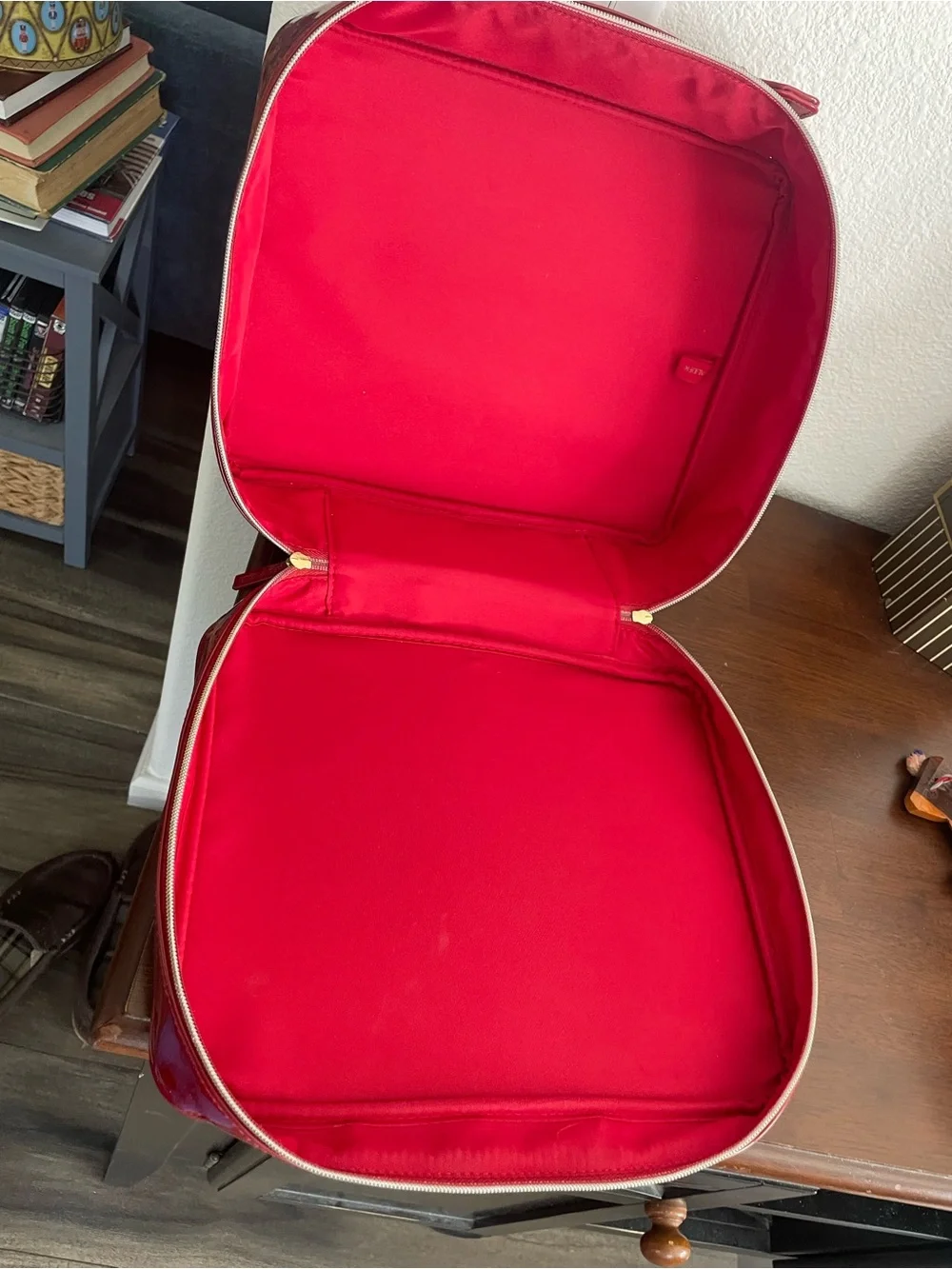 Estee Lauder Glossy Red Patent Cosmetic Case with Gold Accents